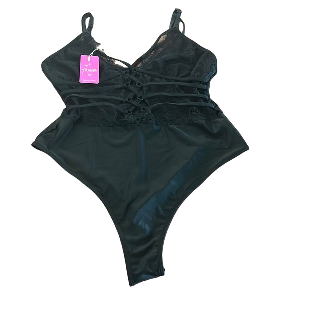 Black Lace Teddy Lingerie Bodysuit Woman Size XL Sexy Strappy
